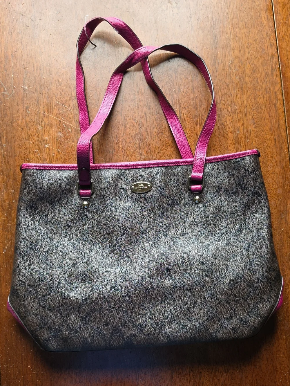 Coach Brown Signature Tote with Pink Trim and Straps